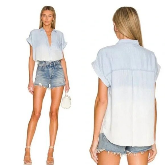 Rails Revolve Lex Light Vintage Dip Dye Button Up Shirt Women S Blue & White - Picture 6 of 12